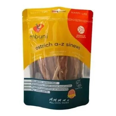 Ostrich A-Z sinews dog treats in a colorful, resealable packaging for all dog sizes.
