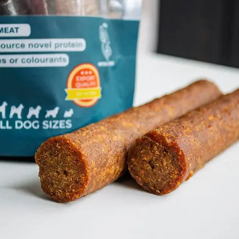 Natural dog treats made with novel protein, perfect for all dog sizes.