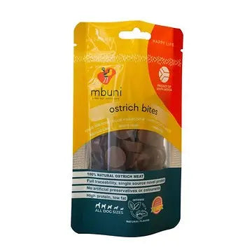 Ostrich bites dog treats in a resealable bag, made from 100% natural ostrich meat for healthy snacking.