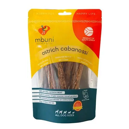 Ostrich cabanossi dog treats in a resealable bag, made from 100% natural ostrich meat.