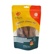 Ostrich chewy mix dog treats in a resealable bag, made from 100% natural ostrich meat.