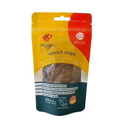 Ostrich chips packaging featuring natural ingredients and a vibrant design from Mbuni, South Africa.