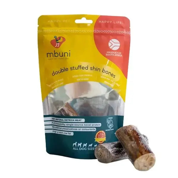 Natural ostrich meat dog treats in a resealable bag for all dog sizes.