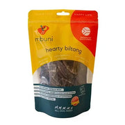 Ostrich biltong dog treats in a resealable bag, perfect for all dog sizes and free from preservatives.