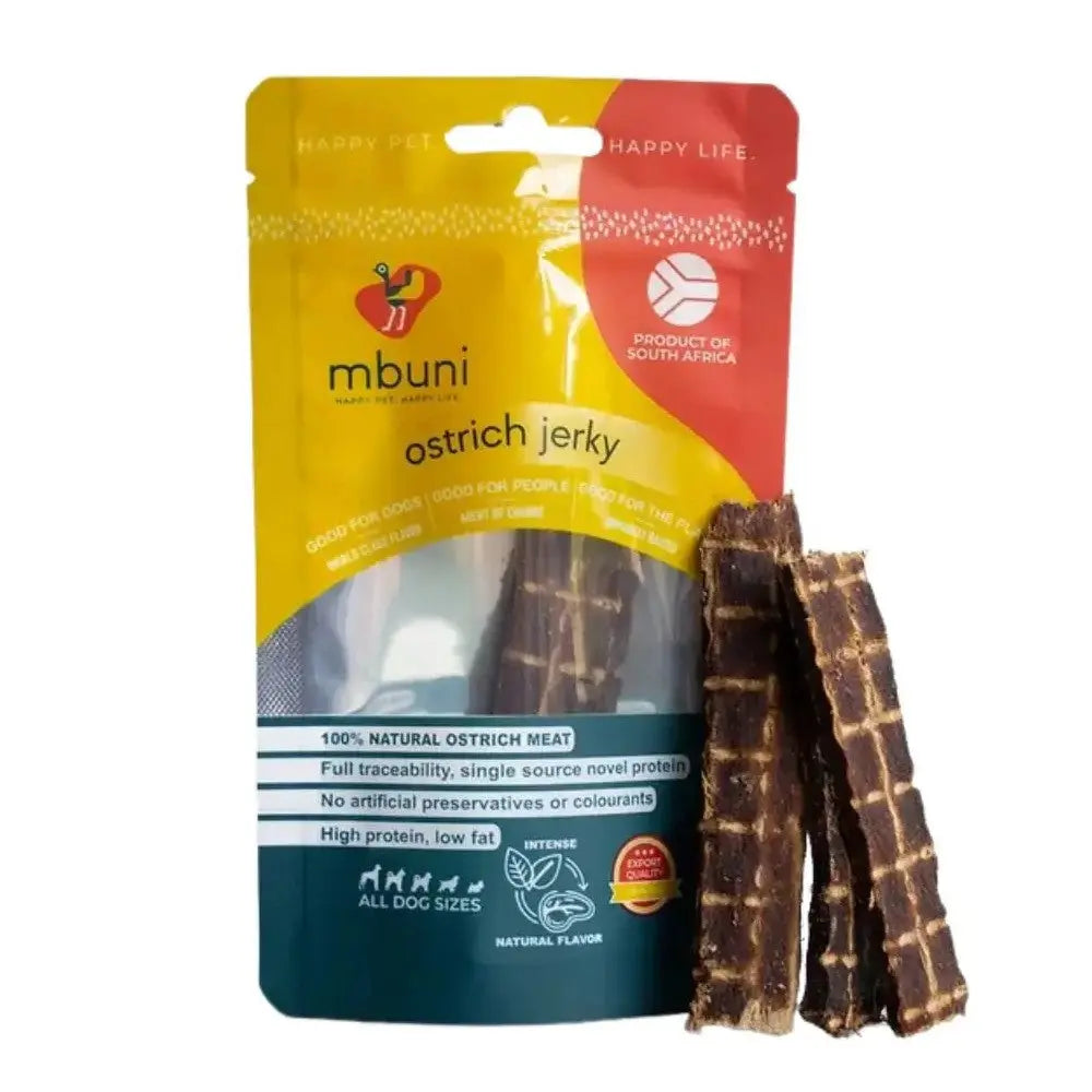 Ostrich jerky dog treats in a resealable bag, high protein, low fat, and made from natural ingredients.