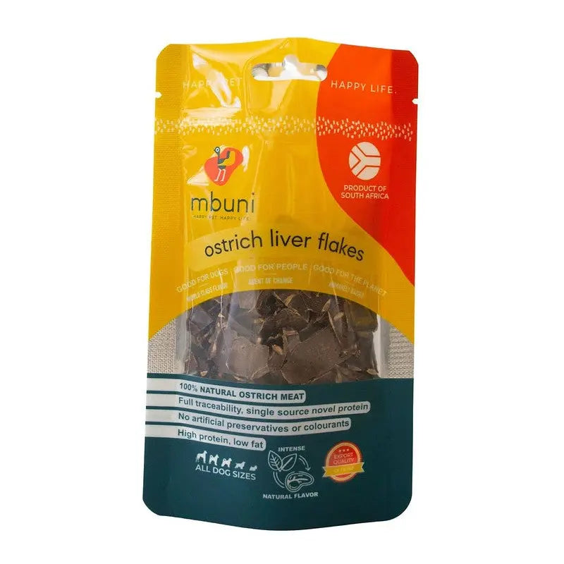 Ostrich liver flakes for dogs, high protein, low fat, natural ingredients, no artificial additives.