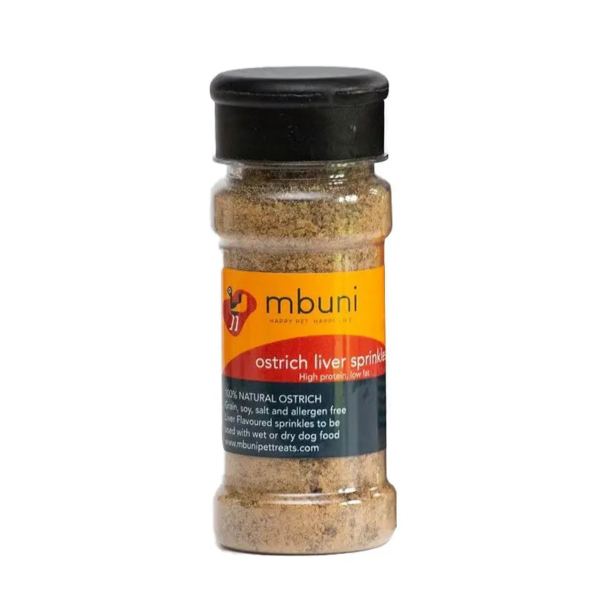 Ostrich liver sprinkle seasoning for pets, high in protein and allergen-free, perfect for enhancing dog food.
