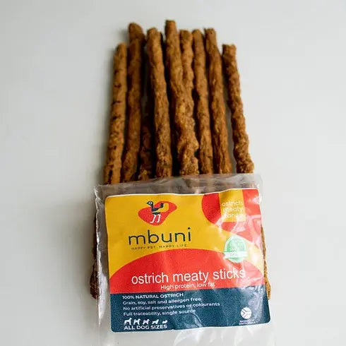 Ostrich meaty sticks in packaging, high protein dog treats for healthy snacking.