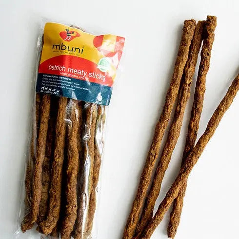Ostrich meaty sticks in packaging, perfect for dog treats and training rewards.
