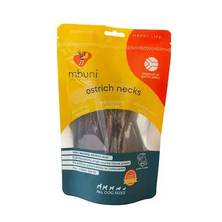 Ostrich neck dog treats in a resealable bag, made from 100% natural ingredients for healthy chewing.
