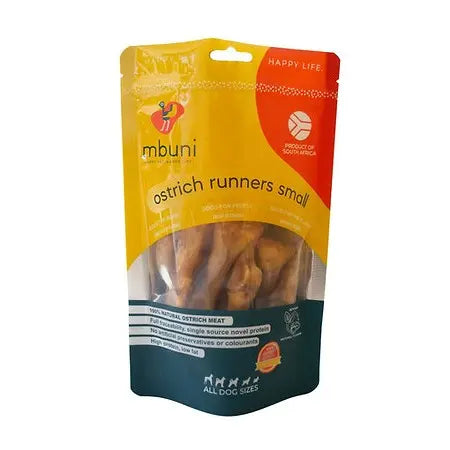 Ostrich runners dog treats in a resealable bag, ideal for all dog sizes and made from natural ingredients.