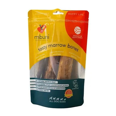 Tasty marrow bones for dogs, made from 100% natural ostrich meat, low fat, and preservative-free.