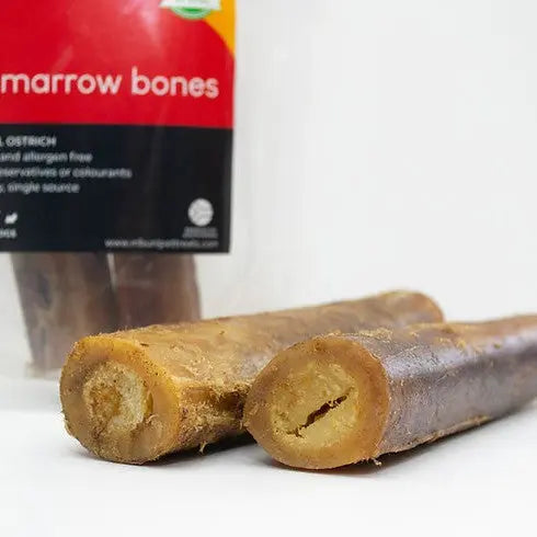 Ostrich marrow bones in packaging, perfect for dog treats and natural chewing enjoyment.