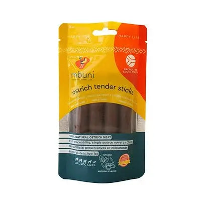 Ostrich tender sticks for dogs, made from 100% natural ostrich meat, high in protein and low in fat.