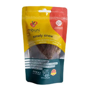 Ostrich meat dog treat packaging featuring natural ingredients and high protein content.