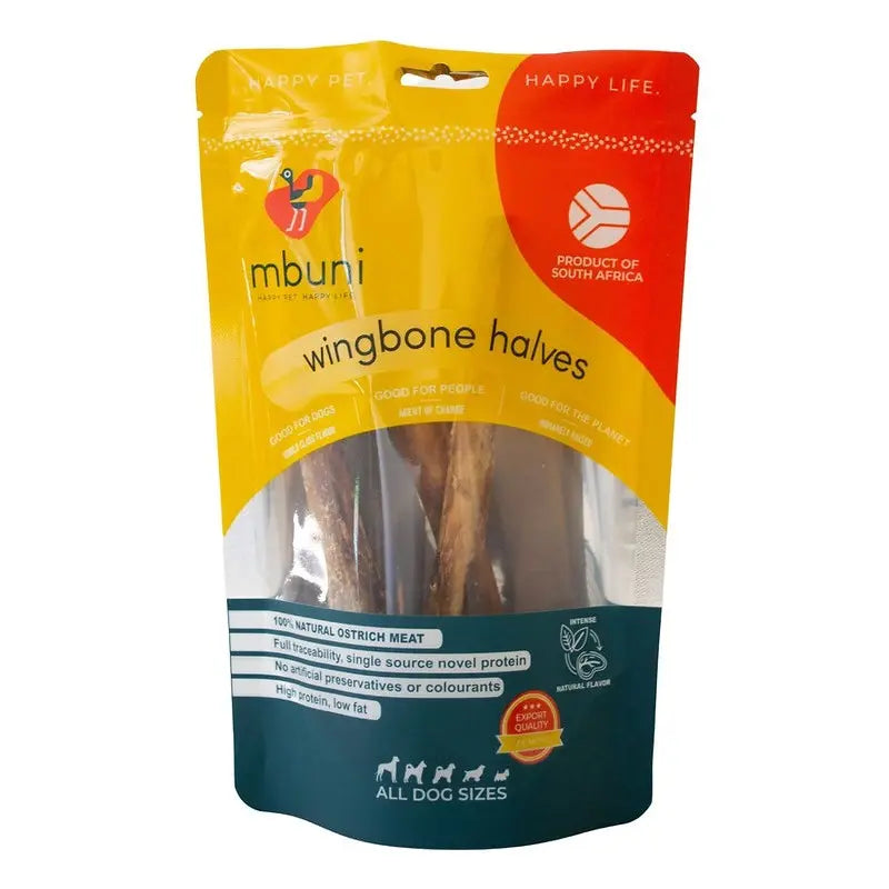 Natural ostrich wingbone halves for dogs, healthy treat, no preservatives, South African product.