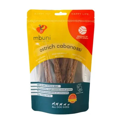 Ostrich cabanossi dog treats in a resealable bag, made from 100% natural ostrich meat.