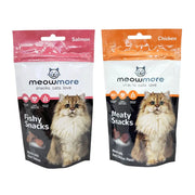 Meowmore cat snacks packaging featuring salmon and chicken flavors with appealing cat images.