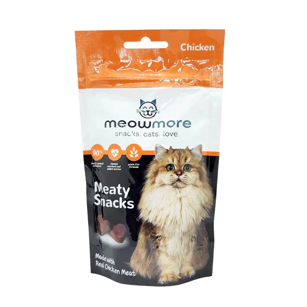 Meowmore chicken-flavored meaty snacks for cats, featuring real chicken and a playful cat image.