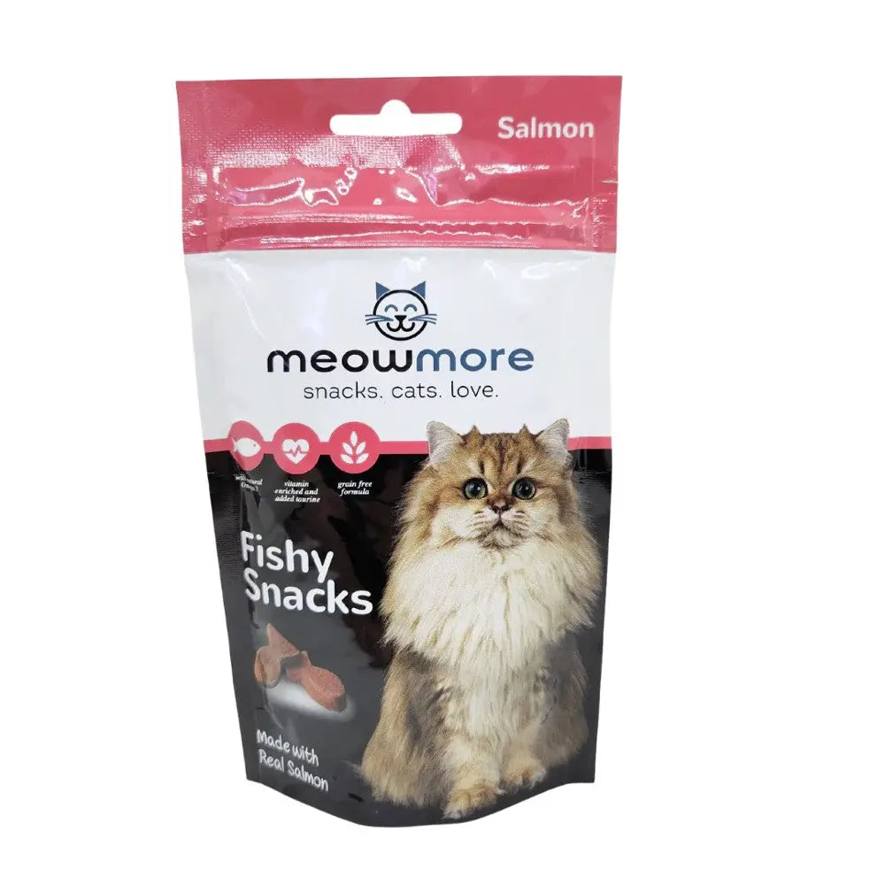 Meowmore Fishy Snacks for cats, made with real salmon, in a vibrant packaging.