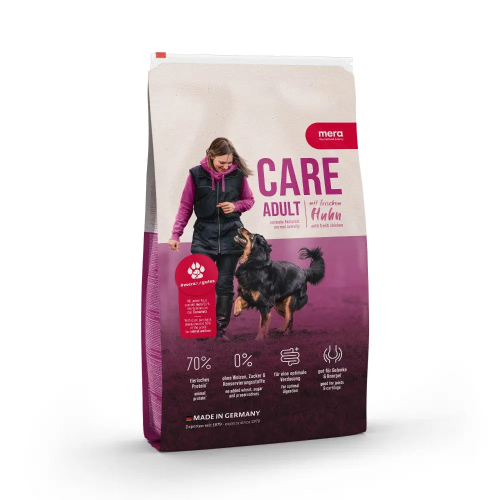 Dog food bag featuring a woman interacting with a dog, highlighting care for adult pets.