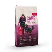 Dog food bag featuring a woman interacting with a dog, highlighting care for adult pets.