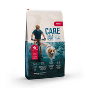 Dog food bag for active dogs, featuring a cyclist and a dog, highlighting high protein content and made in Germany.
