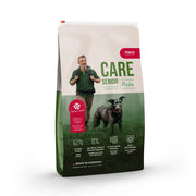 Senior dog food bag featuring a man jogging with a dog, highlighting natural ingredients and health benefits.