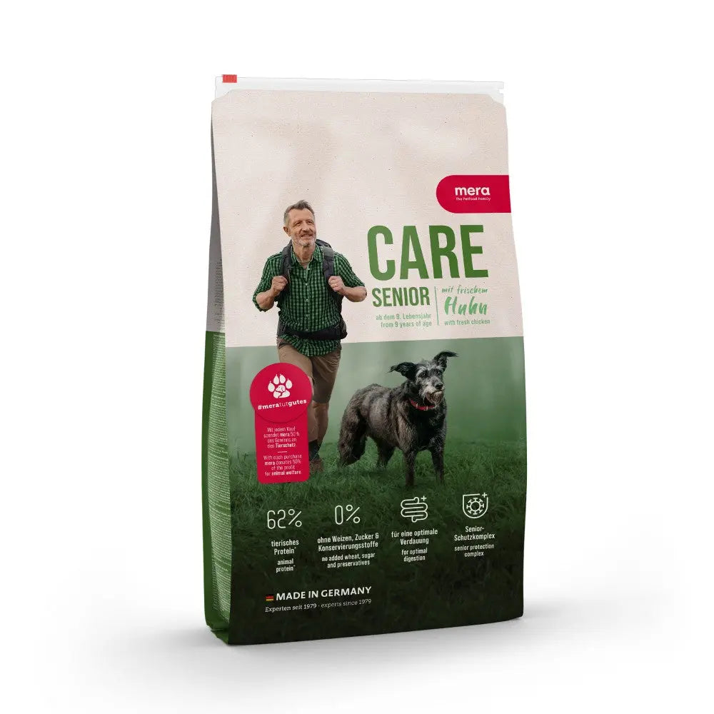 Senior dog food bag featuring a man jogging with a dog, highlighting natural ingredients and health benefits.