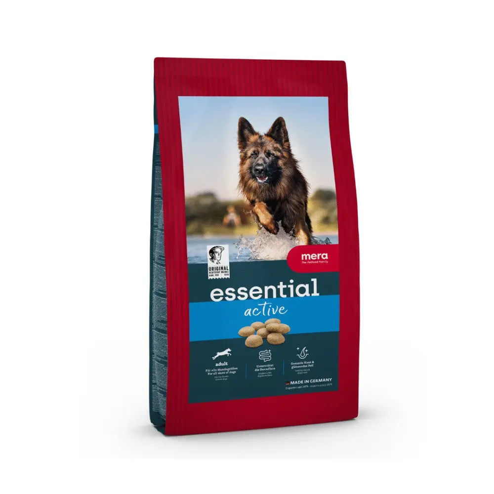 Dog food bag featuring active formula, with a German shepherd running on the beach.