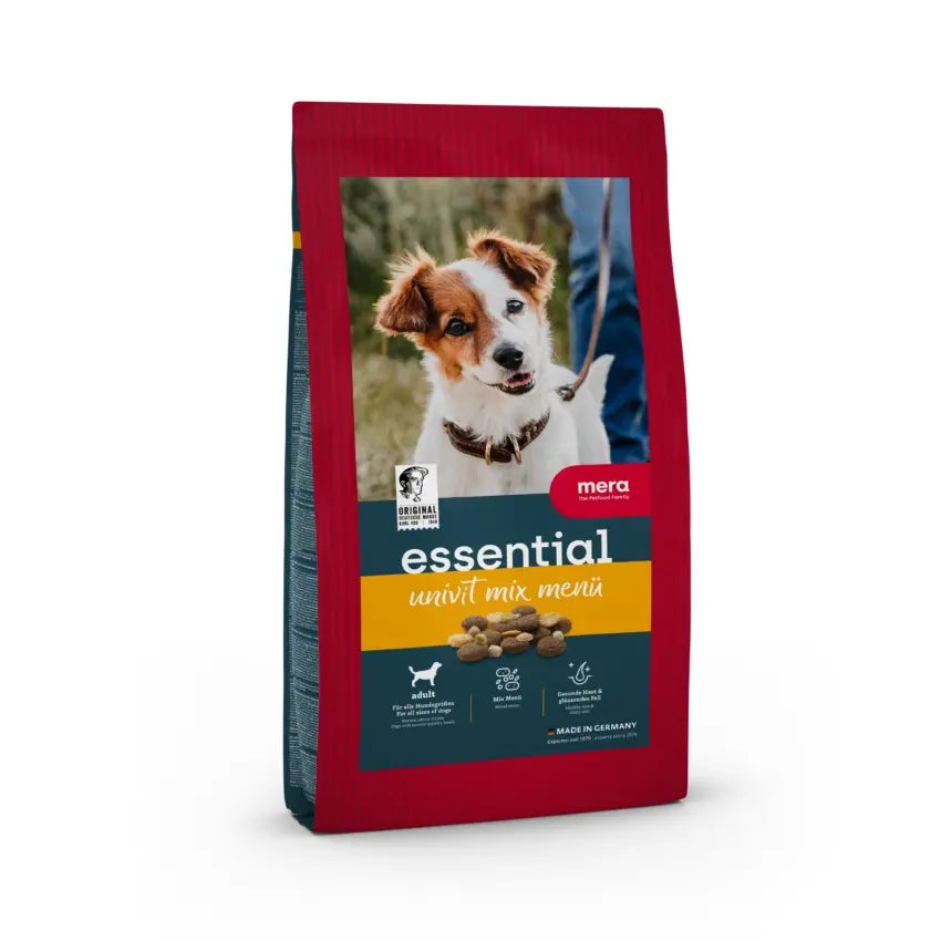 Dog food bag featuring essential ingredients and a happy dog on the packaging, made in Germany.