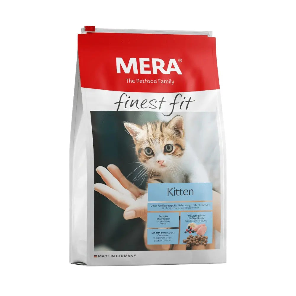 MERA finest fit kitten food bag featuring a playful cat and nutritional information.