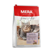 MERA finest fit cat food for seniors, nutritious formula in a resealable bag, made in Germany.