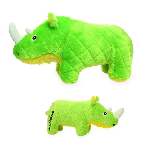 Bright green plush rhinoceros toy, perfect for cuddling and playtime.