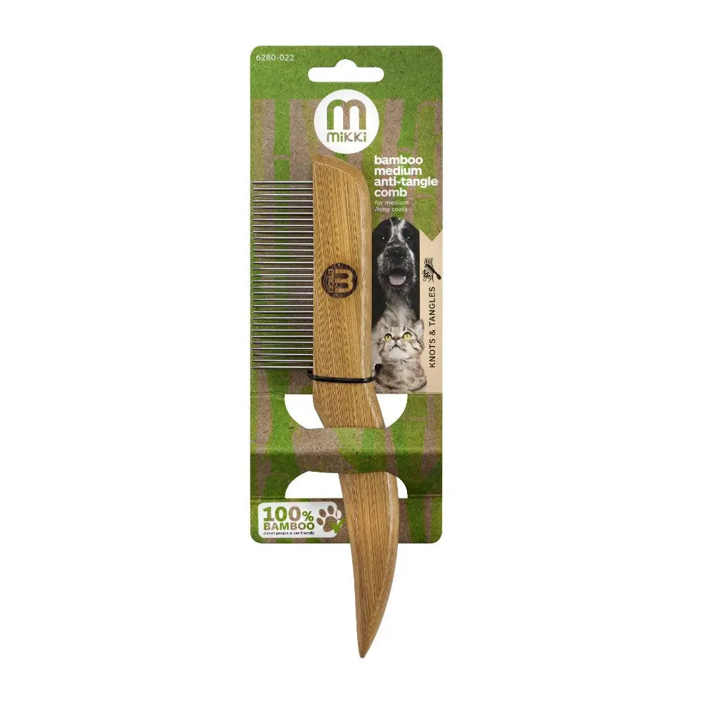Bamboo anti-tangle comb for pets, eco-friendly grooming tool for medium fur.