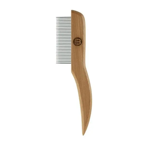 Bamboo pet comb with fine and wide teeth for effective grooming and detangling.