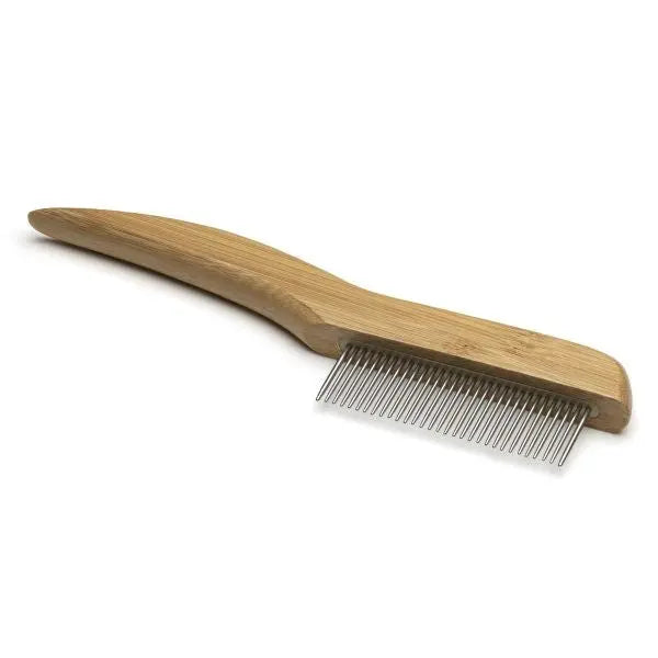 Bamboo pet comb with stainless steel teeth for effective grooming and detangling.