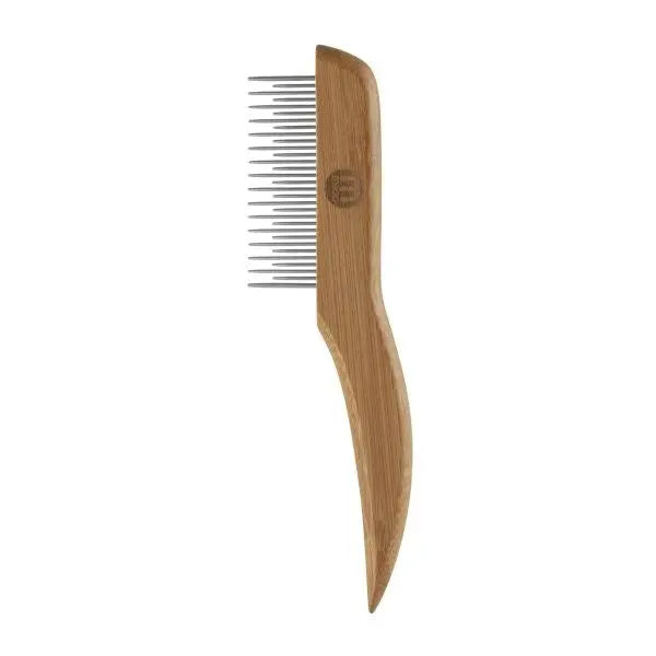 Bamboo hair comb with fine and wide teeth for gentle detangling and styling.