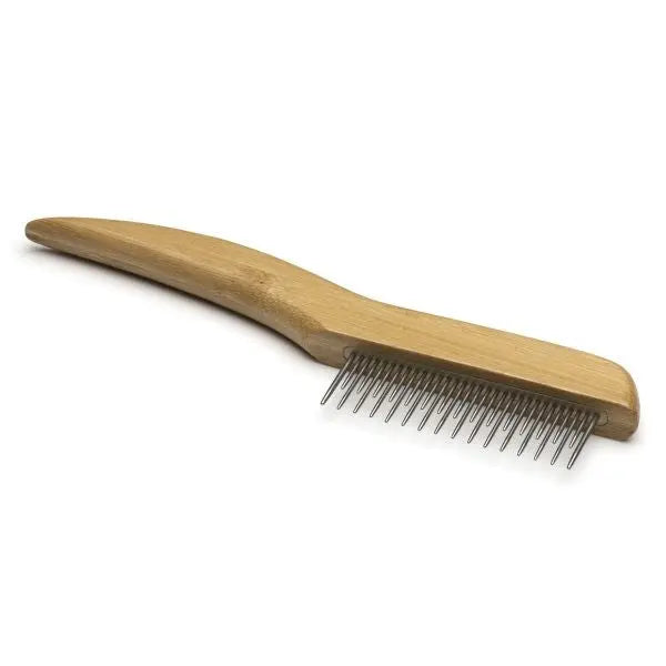 Bamboo pet comb with metal teeth for effective grooming and detangling.