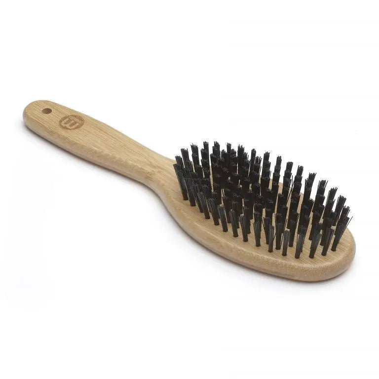 Bamboo hairbrush with nylon bristles for gentle detangling and styling.