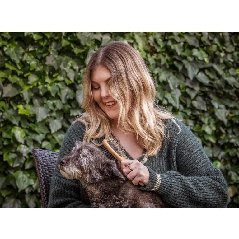 Woman grooming a dog outdoors, showcasing a loving pet care moment.