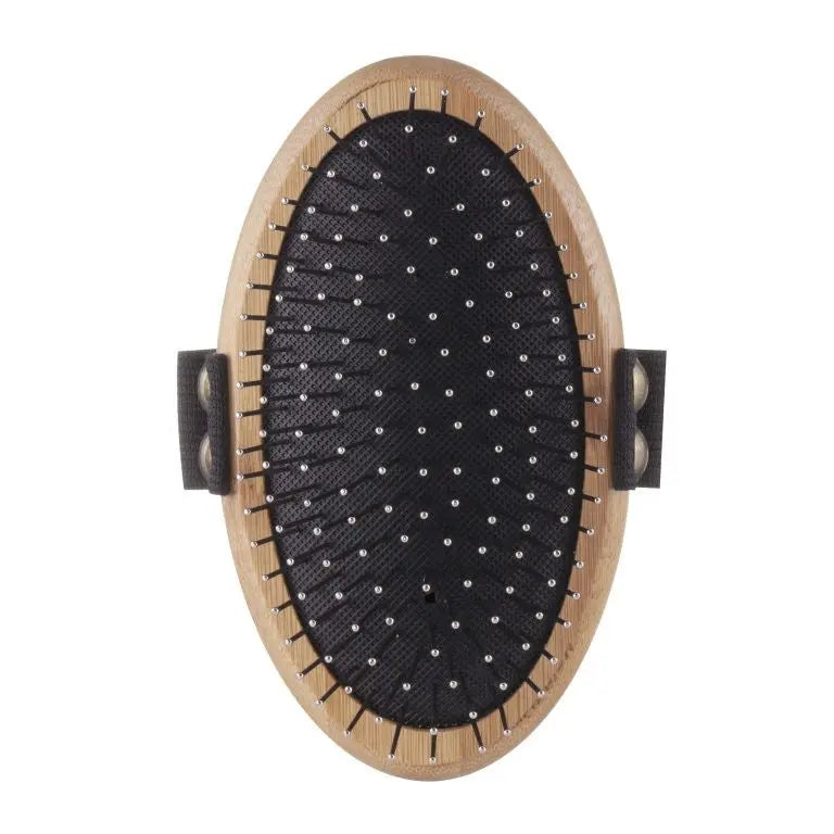 Natural bamboo hairbrush with ergonomic design and gentle bristles for effective detangling.