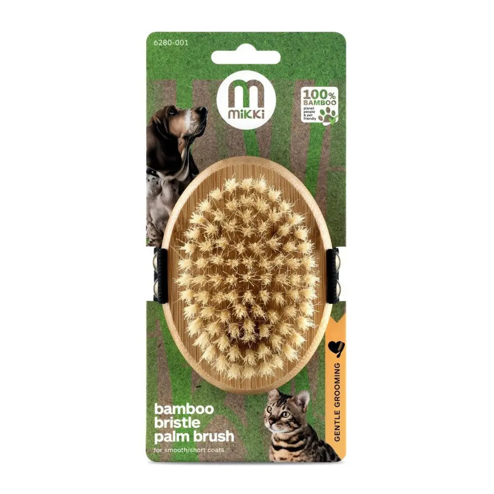 Bamboo bristle palm brush for gentle grooming of smooth and short-coated pets.