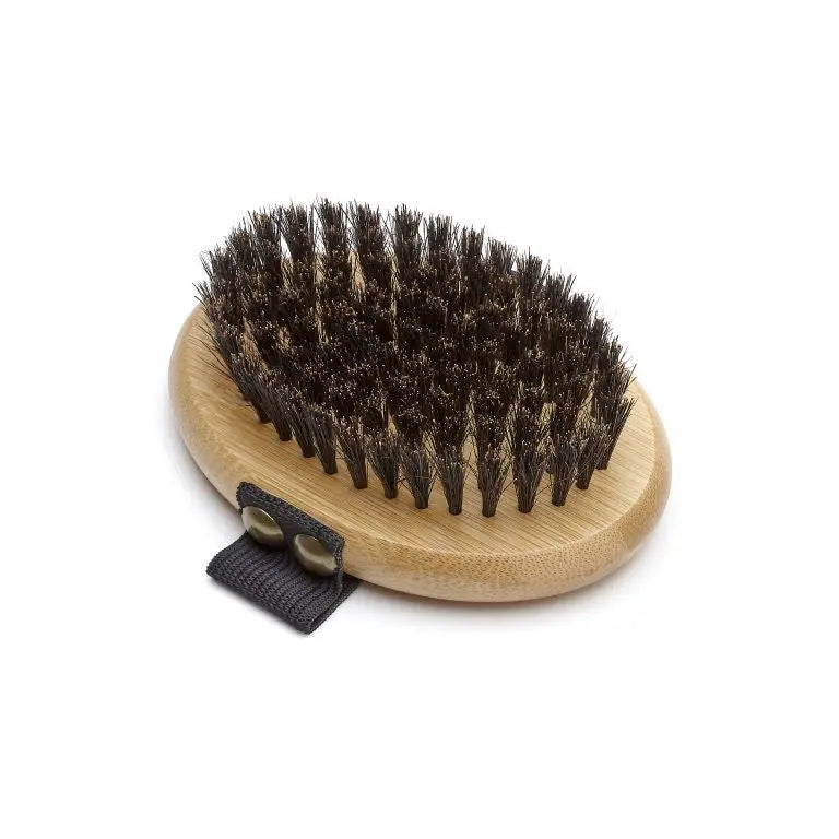Bamboo hairbrush with natural bristles for gentle detangling and styling.