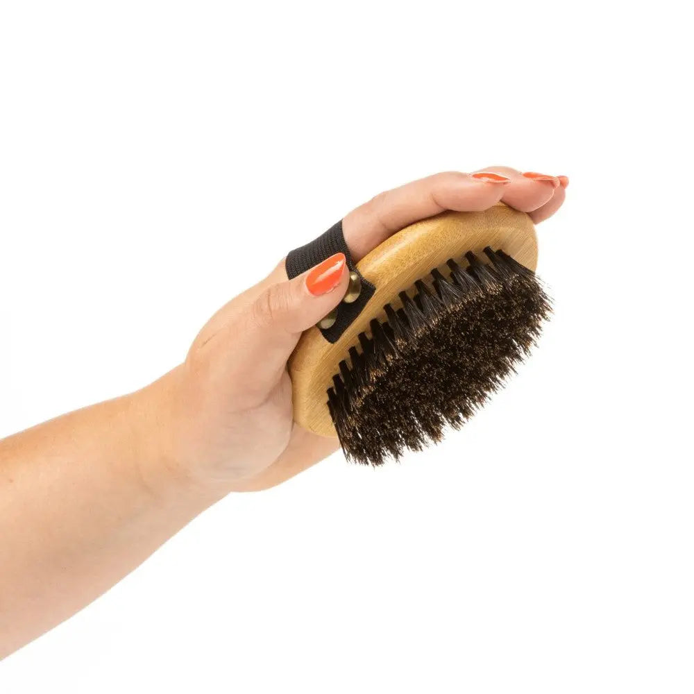 Hand holding a wooden grooming brush with bristles for pet care and maintenance.