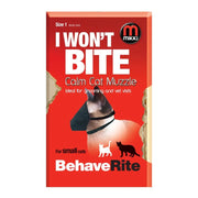 Calm cat muzzle packaging for grooming and vet visits, designed for small cats.