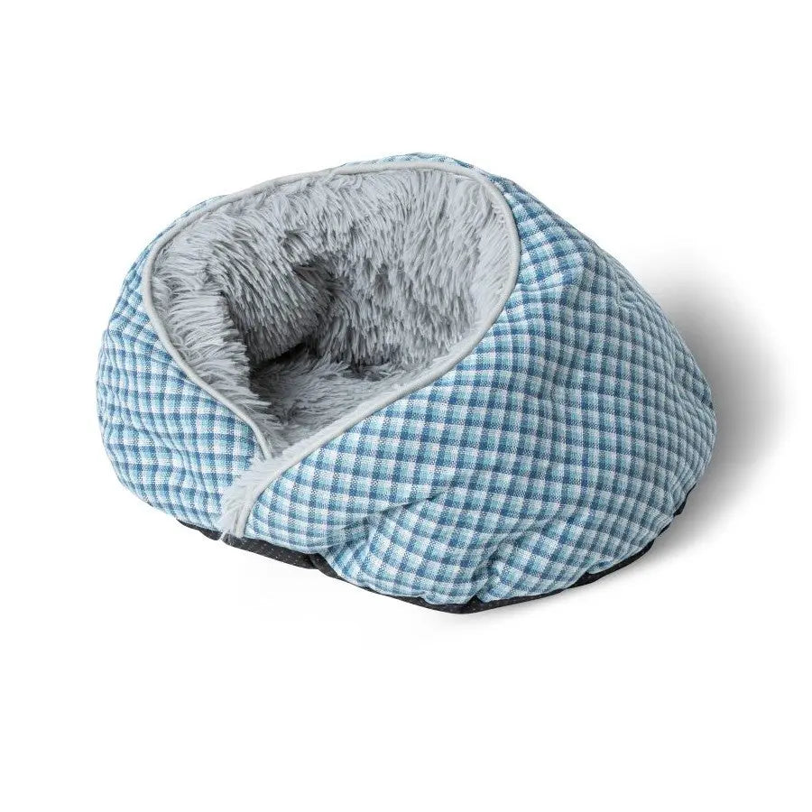 Cozy blue checkered pet bed with soft interior for ultimate comfort and relaxation.