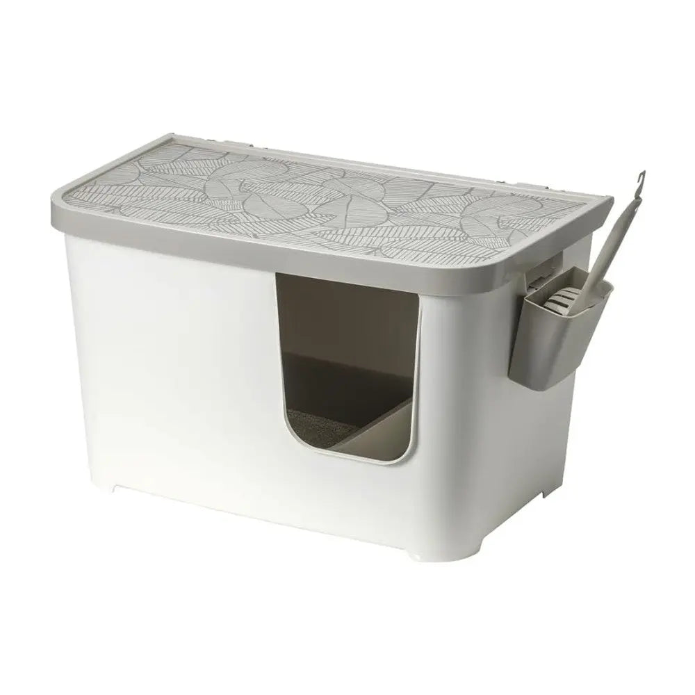 Stylish pet food storage container with a scoop and easy access opening for convenient feeding.
