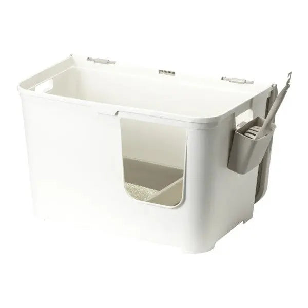 White cat litter box with scoop holder and open access for easy cleaning and maintenance.