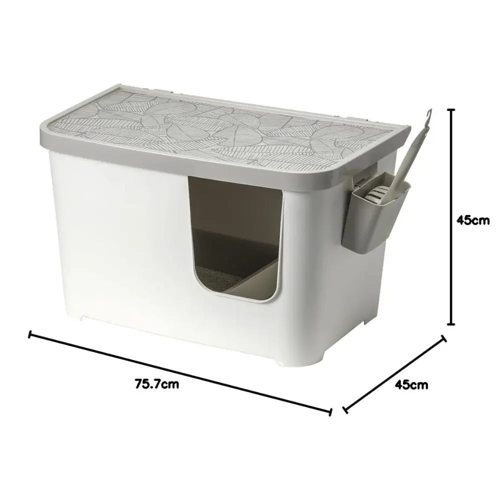 Storage container with a lid, measuring 75.7cm x 45cm x 45cm, featuring a scoop holder.